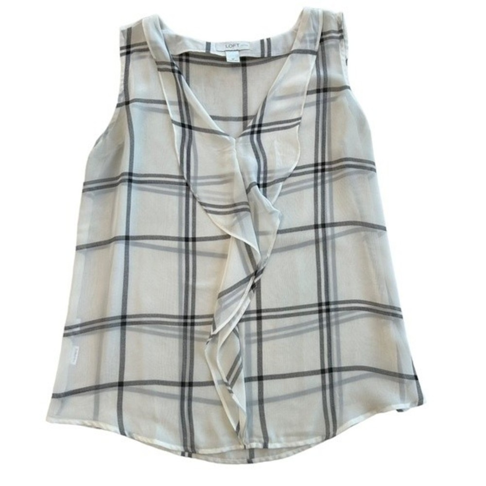 LOFT Semi Sheer Plaid Print Sleeveless Blouse Tunic Ruffle Front S Petite Casual